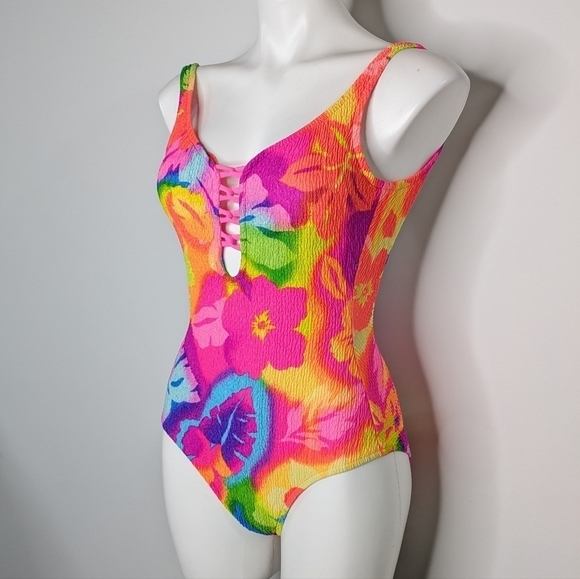 Vintage colorful neon pink yellow blue tropical hibiscus floral swimsuit 8 - Picture 2 of 12